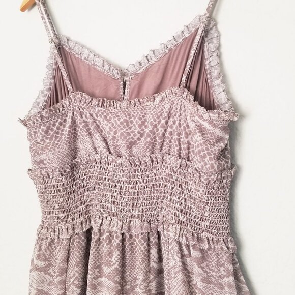 Cleobella Ruffle Trim Smocked Waist Midi Dress L Sleeveless Python Snake Slits - Picture 9 of 14